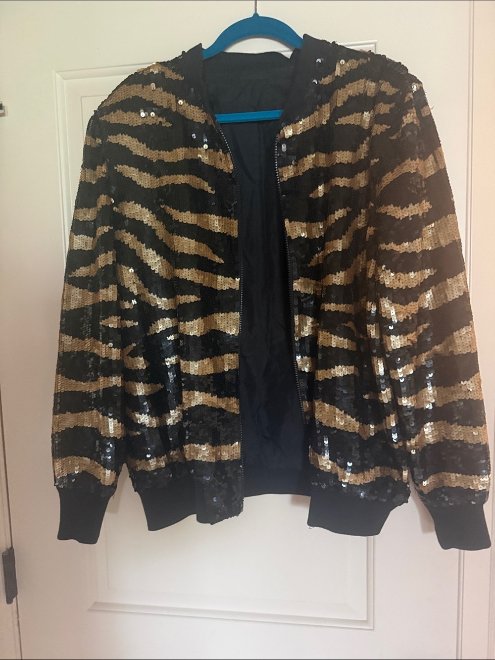 Vintage Sequin Zebra-Stripe Bomber Jacket - Black & Gold